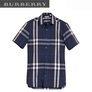BURBERRYI-40039361 버버리 인디고 블루 쇼트 슬리브 체크 스트레치 코튼 셔츠 남성용