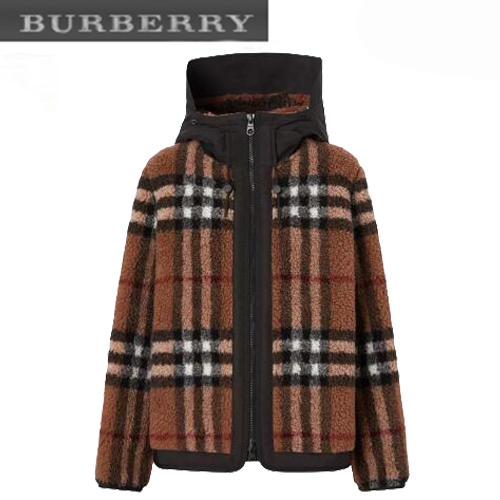 BURBERRY-111211 버버리 브라운 체크 무늬 시어링 후드 재킷 여성용