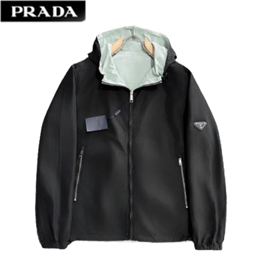 PRADA-040212 프라다 블랙/라이트 그린 트라이앵글 로고 양면 바람막이 후드 재킷 남성용