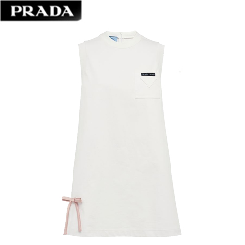 PRADA-33535 프라다 화이트 코튼 리본 장식 저지 드레스