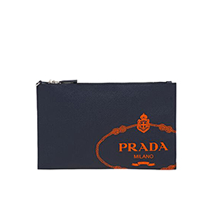 [스페셜오더]PRADA-2NG005 프라다 네이비 사피아노 가죽 오렌지 실크스크린 로고 클러치