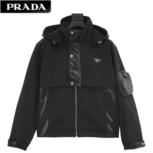 PRADA-03231 프라다 블랙 트라이앵글 로고 바람막이 후드 재킷 남성용