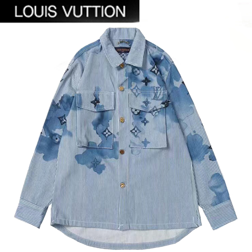 LOUIS VUITTON-03071 루이비통 블루 모노그램 프린트 장식 데님 셔츠 남여공용
