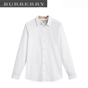 BURBERRY-39681411 버버리 화이트 체크 디테일 스트레치 코튼 셔츠 여성용