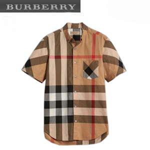 BURBERRY-40458371 버버리 쇼트 슬리브 체크 스트레치 카멜 코튼 블렌드 셔츠