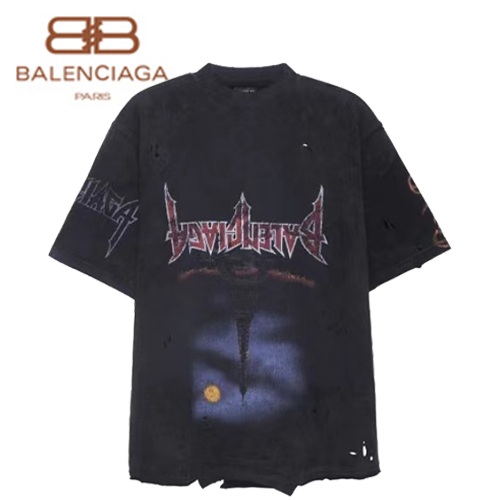 BALENCIAGA-03054 발렌시아가 블랙 프린트 장식 워싱 빈티지 티셔츠 남여공용