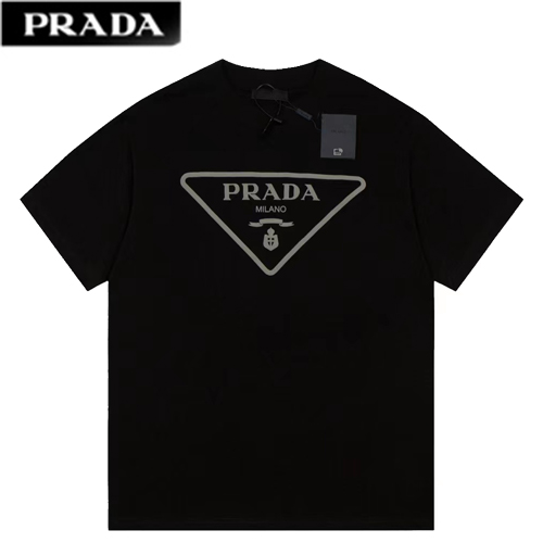 PRADA-07114 프라다 블랙 트라이앵글 로고 아플리케 장식 티셔츠 남여공용