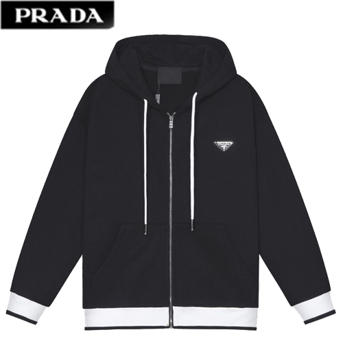PRADA-12125 프라다 블랙/화이트 코튼 트라이앵글 로고 후드 쟈켓 남성용