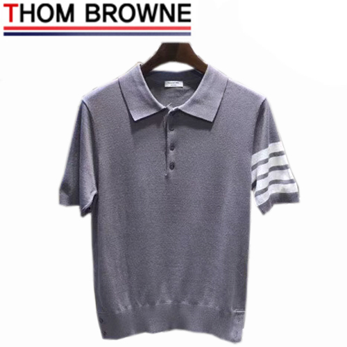 THOM BROWNE-07225 톰 브라운 그레이 니트 스트라이프 장식 폴로 티셔츠 남성용