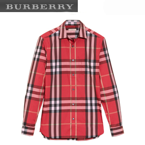 BURBERRY-45547111 버버리 체크 스트레치 레드 코튼 셔츠 남성용