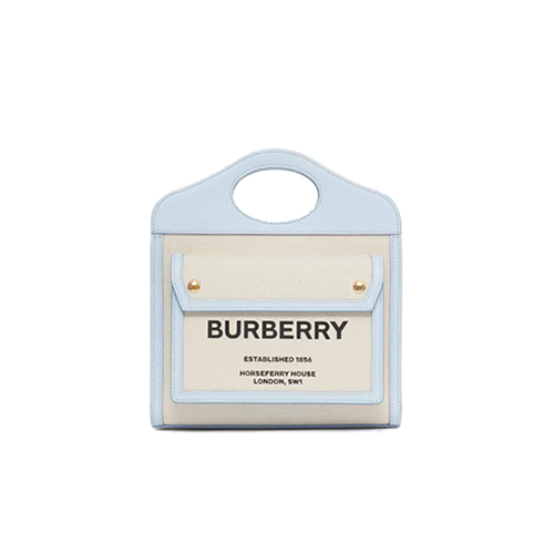 BURBERRY-80434931 버버리 페일 블루 미니 투톤 캔버스 레더 포켓 백