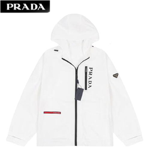PRADA-08296 프라다 화이트 트라이앵글 로고 바람막이 후드 재킷 남성용