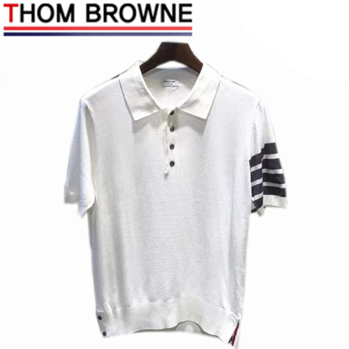 THOM BROWNE-07226 톰 브라운 화이트 니트 스트라이프 장식 폴로 티셔츠 남성용