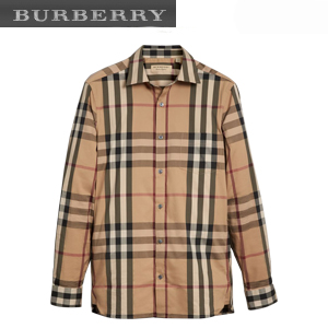 BURBERRY-45575981 버버리 체크 스트레치 카멜 코튼 셔츠 남성용