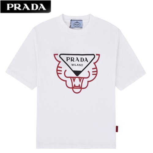 PRAD*-03107 프라다 화이트 프린트 장식 티셔츠 남여공용