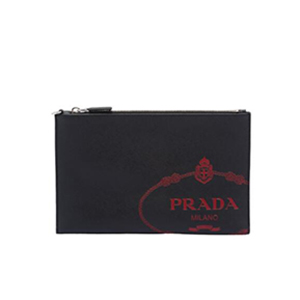 [스페셜오더]PRADA-2NG005 프라다 블랙 사피아노 가죽 레드 실크스크린 로고 클러치