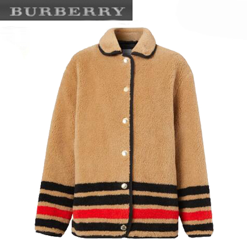 BURBERRY-11128 버버리 브라운 스트라이프 장식 시어링 재킷 여성용