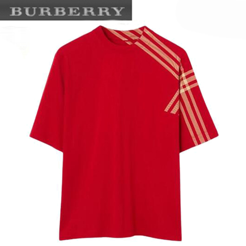 BURBERRY-80824091 버버리 레드 체크 슬리브 코튼 티셔츠 남성용