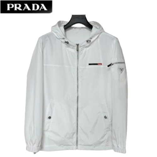 PRADA-03229 프라다 화이트 트라이앵글 로고 바람막이 후드 재킷 남성용