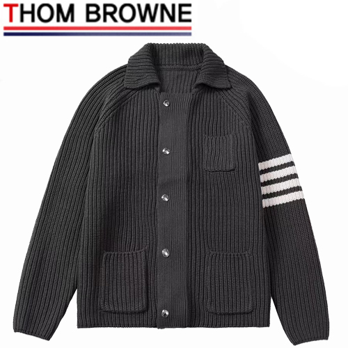 THOM BROWNE-09123 톰 브라운 차콜 그레이 스트라이프 장식 니트 재킷 남성용